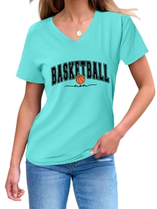 Detail of Tiffany blue V-neck T-shirt with Basketball Mom print and basketball graphic