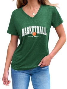 Detail of V-neck dark green Basketball Mom T-shirt with high-quality print texture