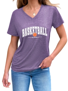 Close-up of Basketball Mom graphic on purple V-neck t-shirt with heathered fabric texture