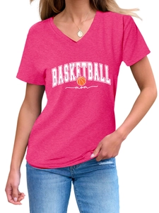 Detail view of V-neckline and basketball mom graphic on rose pink cotton T-shirt