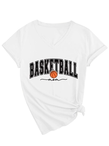 Close-up of V-neck white cotton T-shirt with basketball mom print and side knot detail