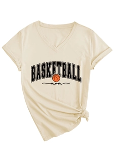 Detail of V-neck T-shirt showing Basketball Mom print, rolled sleeves and hem knot detail