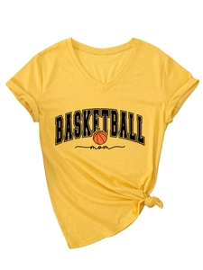 Detail of yellow V-neck T-shirt with Basketball Mom print and stylish front knot