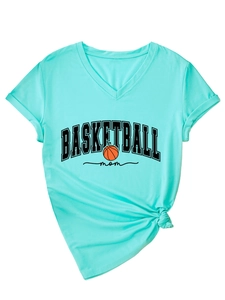 Detail of mint green V-neck T-shirt with Basketball Mom print and stylish front hem knot