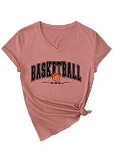 Detail of V-neck brick red t-shirt with Basketball Mom print and knotted hem design