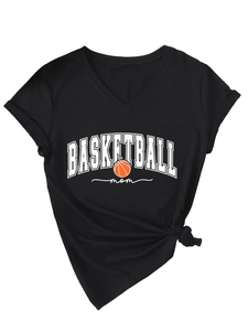 Close-up of a black V-neck t-shirt featuring Basketball Mom print and a stylish side knot