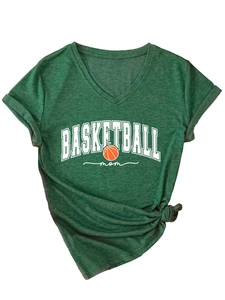 Detail of V-neck heather green Basketball Mom t-shirt with rolled sleeves and front knot