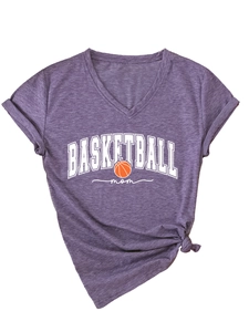 Detail of purple V-neck t-shirt with Basketball Mom print and stylish side knot design