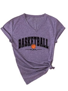 Detail of V-neck basketball mom t-shirt with side knot and rolled sleeves in purple