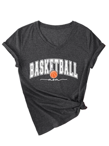 Detail view of V-neck dark grey cotton T-shirt featuring Basketball Mom print and knotted hem