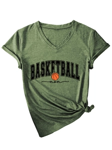 Detail of army green V-neck basketball mom T-shirt with front knot and soft cotton texture
