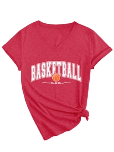 Detail of red V-neck T-shirt showing Basketball Mom print and tied hem design
