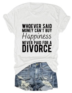 Flat lay of white crewneck T-shirt with black letter print and distressed blue denim shorts