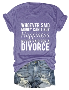 Detailed view of the slogan print on a casual purple crew neck tee and ripped denim shorts