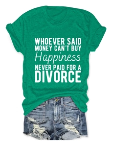 Detail of heather green crew neck t-shirt with white humor text and denim shorts
