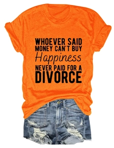 Detail of bright orange crew neck T-shirt with black slogan and denim shorts outfit