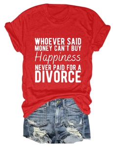 Close-up of red crew neck T-shirt with white quote print and distressed denim shorts