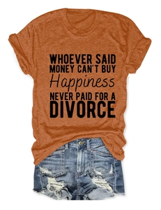 Rust orange crew neck tee with humorous quote paired with distressed blue denim shorts
