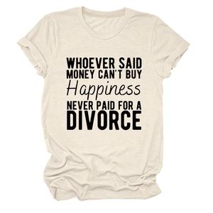 Detail of the soft cotton texture and funny black lettering on beige crewneck T-shirt
