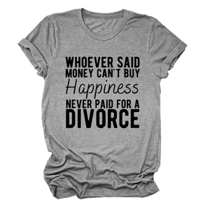 Close-up of heather grey crew neck T-shirt with black humor slogan print details