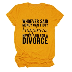 Detail view of mustard yellow round neck t-shirt with soft fabric and black script text