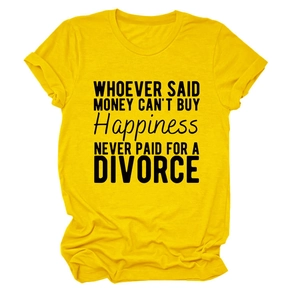 Detail of yellow cotton crewneck t-shirt with black happiness quote print and rolled sleeves