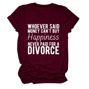 Detail view of burgundy cotton T-shirt featuring a white humorous slogan and rolled cuffs