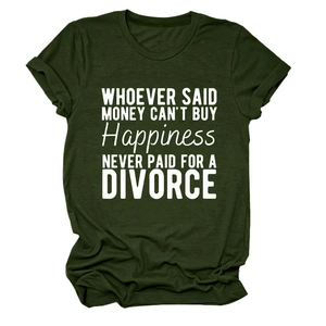 Detail of olive green crew neck T-shirt with white quote print on smooth cotton fabric