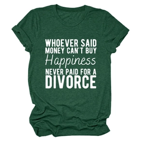 Detail of dark green crew neck T-shirt with white text print on premium cotton fabric