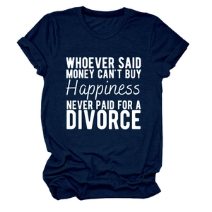 Close-up of the humor slogan print on a dark blue cotton blend crewneck T-shirt