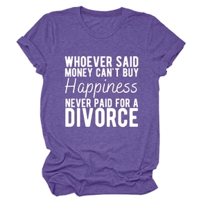 Detail of purple heather crewneck t-shirt with white humor text print on soft fabric