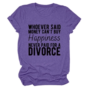 Detail of soft purple heather fabric with funny divorce slogan print on crew neck tee