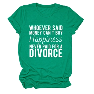 Detail of emerald green cotton T-shirt featuring bold white text print on chest
