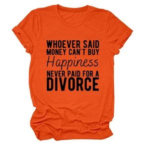 Detail of orange crew neck T-shirt with black humorous slogan print on the chest