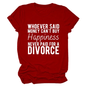 Detail of red cotton T-shirt featuring white slogan print and crew neck design