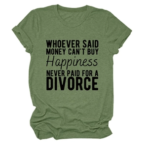 Detail of army green crewneck T-shirt with black humorous text and rolled sleeve cuffs