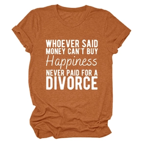 Detail of caramel crewneck T-shirt with white humor slogan print and rolled sleeves
