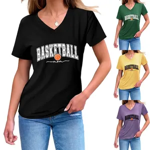 Women V Neck T Shirt Basketball Mom Graphic Short Sleeve Cotton Blend Casual Sporty Tee Top