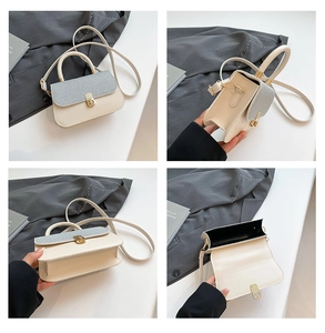 Detailed views of color-block handbag with sequin flap and golden metal clasp