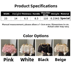 Size chart and dimensions for elegant floral evening bag with metal chain strap detail