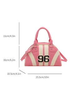 Bolso bowling rosa a rayas con parche 96 y dimensiones para mujeres modernas