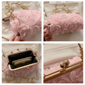 Detailed views of pink floral clutch showing 3D petal texture and golden chain