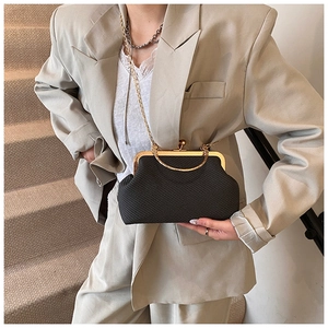 Detail of black woven shell bag featuring gold metal frame and spherical clasp