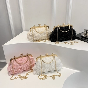 Elegant 3D Rose Flower Evening Bag Vintage Metal Handle Clutch Purse Mesh Petal Shoulder Bag For Wedding Party Women