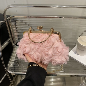 Elegant pink evening bag with 3D floral roses and vintage gold metal handle and chain
