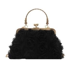 Elegant black evening clutch with 3D floral roses, gold metal handle, and chain strap