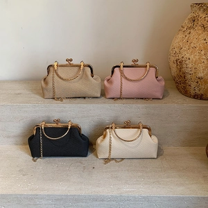 Vintage Woven Texture PU Leather Kiss Lock Shoulder Bag For Women Metallic Ring Handle Evening Clutch Bag With Chain Strap