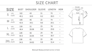 Detailed size chart for men's vintage 1985 T-shirt from S to 2XL with measurements
