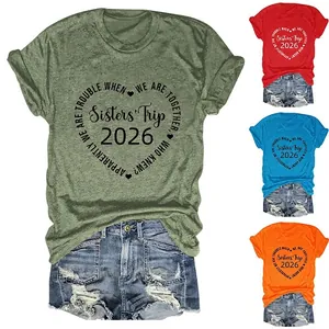 T-Shirt Femme Décontracté Mélange Coton Col Rond Manches Courtes Graphique Cœur Sisters Trip 2026 Haut D'été Ample