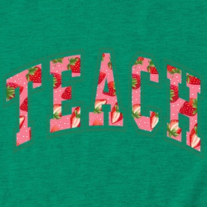 Detail of TEACH strawberry print on dark green cotton knit short sleeve t-shirt